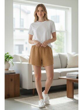 Aerie Waffle Knit High-Rise Shorts Tan M Lightweight Lounge Wear Elastic Waistba